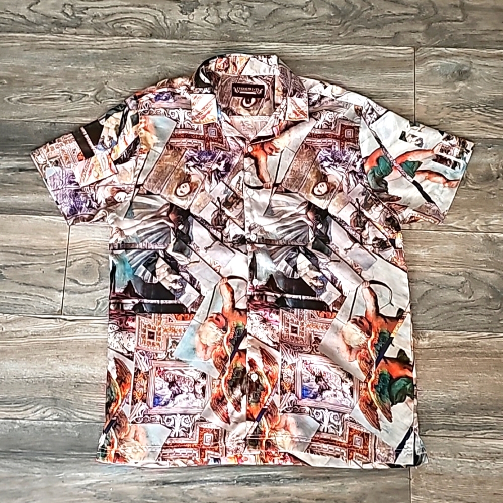 Fresh Prints button-down top all over print beautiful cherub & saints design